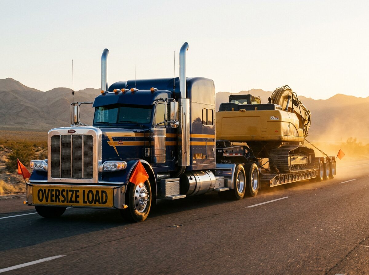 JJ Hauls LLC branded semi-truck hauling an oversized heavy haul load
