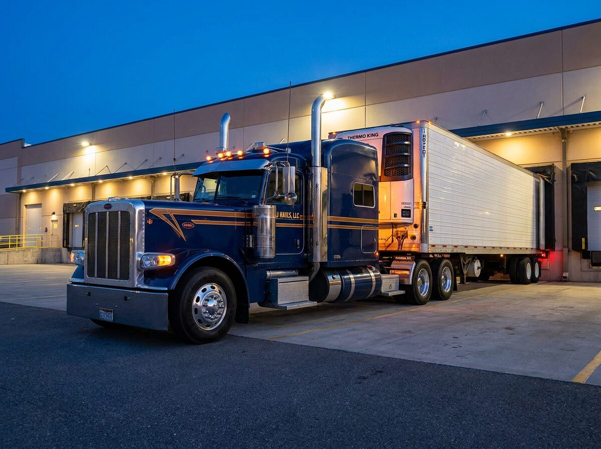 JJ Hauls LLC branded semi-truck hauling a refrigerated reefer trailer